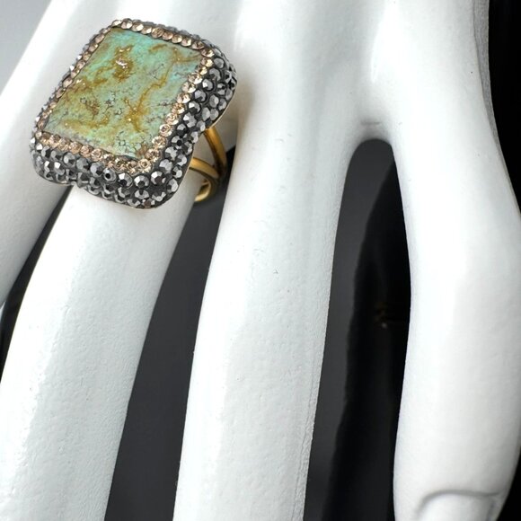 Turquoise Hematite Crystal 925 Silver Vermeil Statement Ring Size 7 Adjustable - Picture 7 of 11